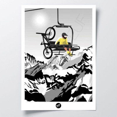 Affiche murale noir et blanc d’une personne en jaune dans un télésiège avec son VTT pour décoration Affiche murale noir et blanc d’une personne en jaune dans un télésiège avec son VTT pour décoration