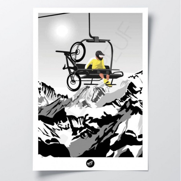 Black and white wall poster of a person in yellow on a chairlift with his mountain bike for decoration