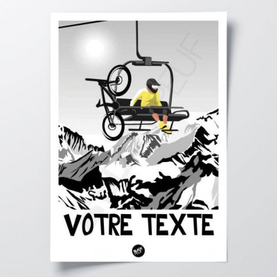 Affiche murale noir et blanc d’une personne en jaune dans un télésiège avec son VTT pour décoration Affiche murale noir et blanc d’une personne en jaune dans un télésiège avec son VTT pour décoration