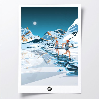 Wall poster of a couple of runners in the middle of a white and blue lake and mountain for decoration Wall poster of a couple of runners in the middle of a white and blue lake and mountain for decoration