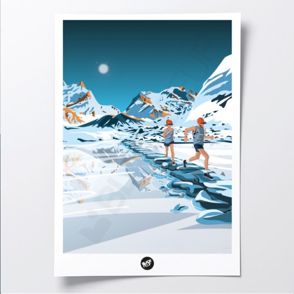 Wall poster of a couple of runners in the middle of a white and blue lake and mountain for decoration