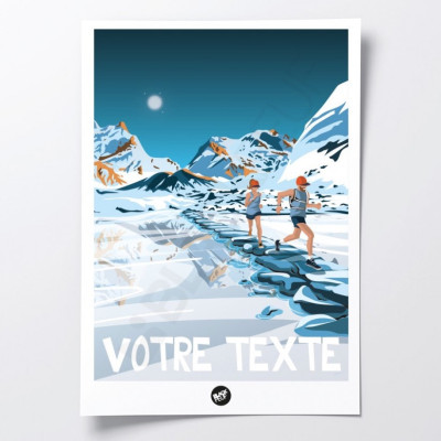 Wall poster of a couple of runners in the middle of a white and blue lake and mountain for decoration Wall poster of a couple of runners in the middle of a white and blue lake and mountain for decoration