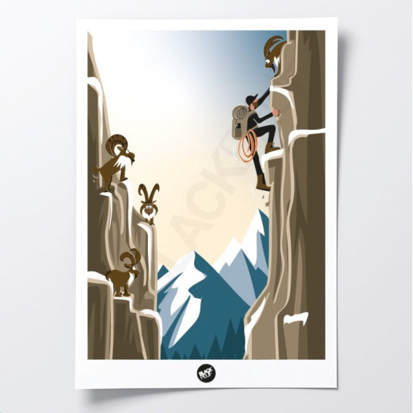 Wandposter Steinbock in den Bergen, Kletterszene in Blau-, Braun- und Grautönen zur Dekoration