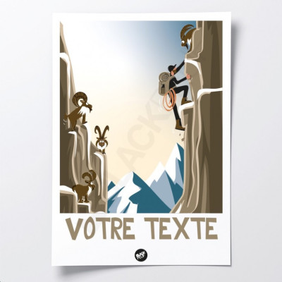 Affiche murale bouquetin en montagne, scène d’escalade aux tons bleu, marron et gris pour décoration Affiche murale bouquetin en montagne, scène d’escalade aux tons bleu, marron et gris pour décoration