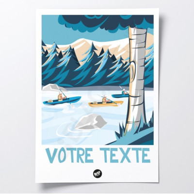 Wall poster of a canoe trip down a river in blue tones for decoration Wall poster of a canoe trip down a river in blue tones for decoration