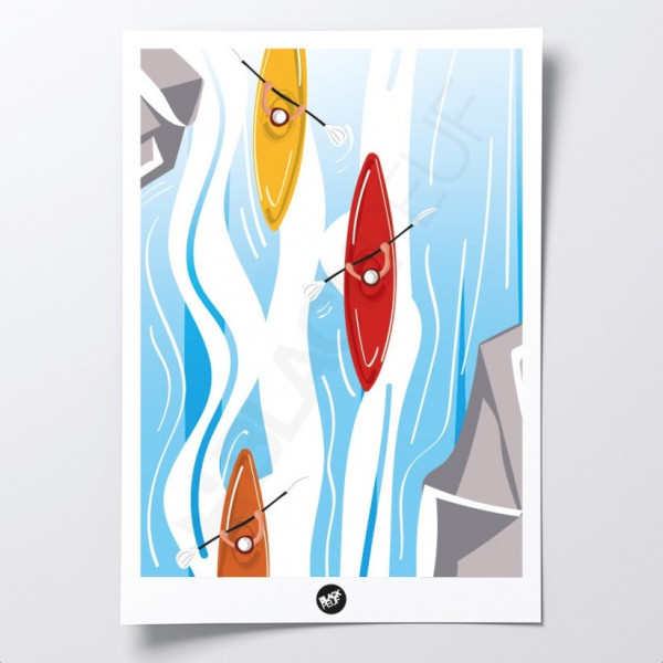 Affiche murale canoë jaune, rouge et orange dans une descente en rivière bleue ciel pour décoration