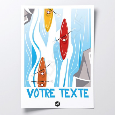 Affiche murale canoë jaune, rouge et orange dans une descente en rivière bleue ciel pour décoration Affiche murale canoë jaune, rouge et orange dans une descente en rivière bleue ciel pour décoration