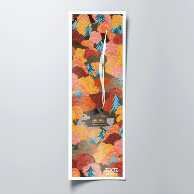 Dekoratives Wandposter mitten in der Hütte im orange-roten Wald. Dekoratives Wandposter mitten in der Hütte im orange-roten Wald.