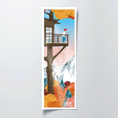 Bar sulla casa sull'albero nella foresta, poster murale arancione-giallo e blu per la decorazione. Bar sulla casa sull'albero nella foresta, poster murale arancione-giallo e blu per la decorazione.