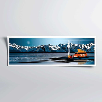 Affiche murale my dream van au feu de camp au bord du lac à côté des montagnes bleu pour la décoration. Affiche murale my dream van au feu de camp au bord du lac à côté des montagnes bleu pour la décoration.