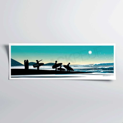 Wall poster depicting a surfer on the beach at sunset, blue and black, for decorative purposes. Wall poster depicting a surfer on the beach at sunset, blue and black, for decorative purposes.