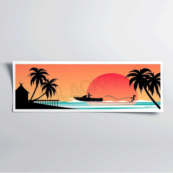 Affiche murale couché de palmiers soleil se couche derrière la mer un bateau en fond orange et rouge pour la décoration.