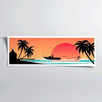 Affiche murale couché de palmiers soleil se couche derrière la mer un bateau en fond orange et rouge pour la décoration.