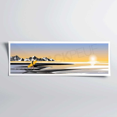 Decorative wall poster by Brice de Nice depicting a surfer on a blue beach under a yellow sunset. Decorative wall poster by Brice de Nice depicting a surfer on a blue beach under a yellow sunset.