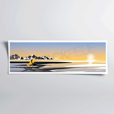 Decorative wall poster by Brice de Nice depicting a surfer on a blue beach under a yellow sunset. Decorative wall poster by Brice de Nice depicting a surfer on a blue beach under a yellow sunset.