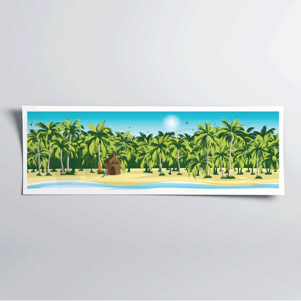 Poster da parete con una capanna di paglia sulla spiaggia di sabbia bianca, una foresta verde e un mare blu come decorazione.