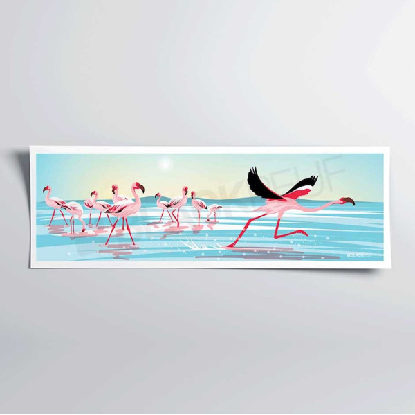 Decorative wall poster depicting the flight of the flamingo in the blue and pink sea.