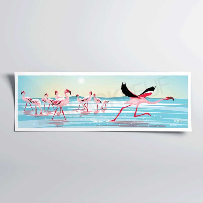 Decorative wall poster depicting the flight of the flamingo in the blue and pink sea. Decorative wall poster depicting the flight of the flamingo in the blue and pink sea.