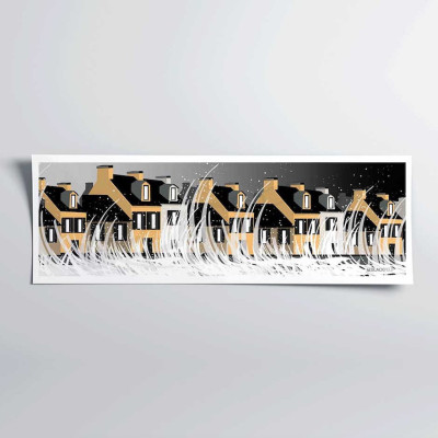 Poster murale nero e giallo raffigurante un'onda marina con l'alta marea sulla città, a scopo decorativo. Poster murale nero e giallo raffigurante un'onda marina con l'alta marea sulla città, a scopo decorativo.