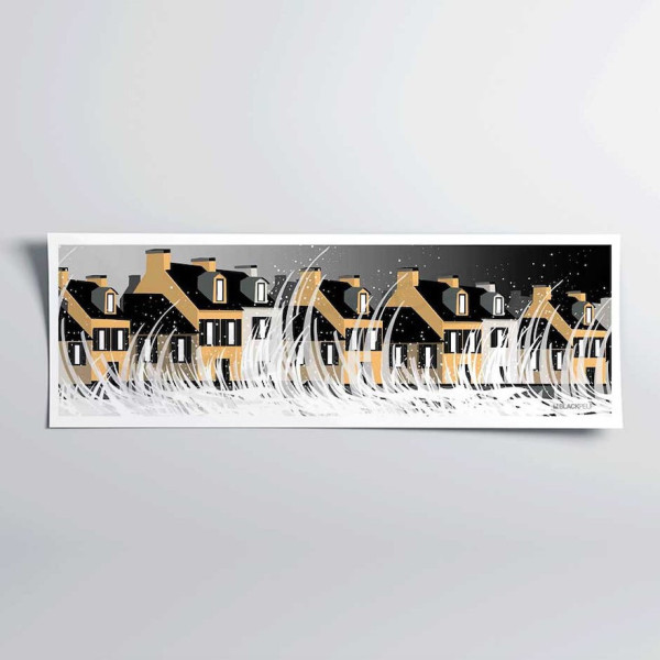 Poster murale nero e giallo raffigurante un'onda marina con l'alta marea sulla città, a scopo decorativo.