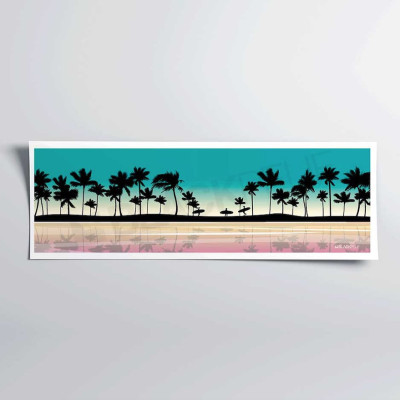 Morning surf wall poster surfer at blue sunset on yellow palm beach for decoration. Morning surf wall poster surfer at blue sunset on yellow palm beach for decoration.