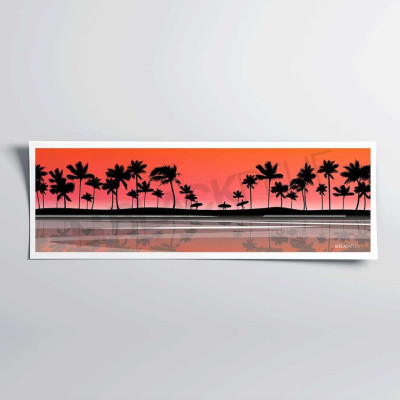 Poster murale decorativo raffigurante un surfista al tramonto su una spiaggia con palme, in rosso e nero.