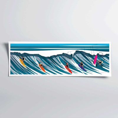 Manifesto decorativo da parete raffigurante un surfista che cavalca un'onda blu. Manifesto decorativo da parete raffigurante un surfista che cavalca un'onda blu.
