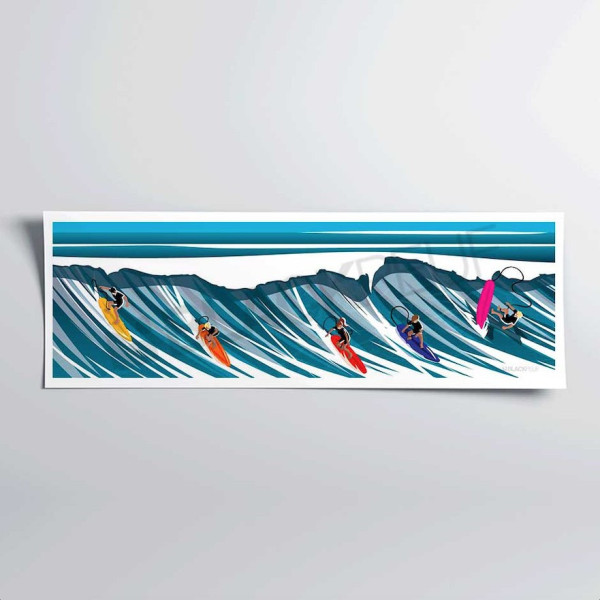 Affiche murale wave party surfeur qui surfe sur la vague bleu pour la décoration.