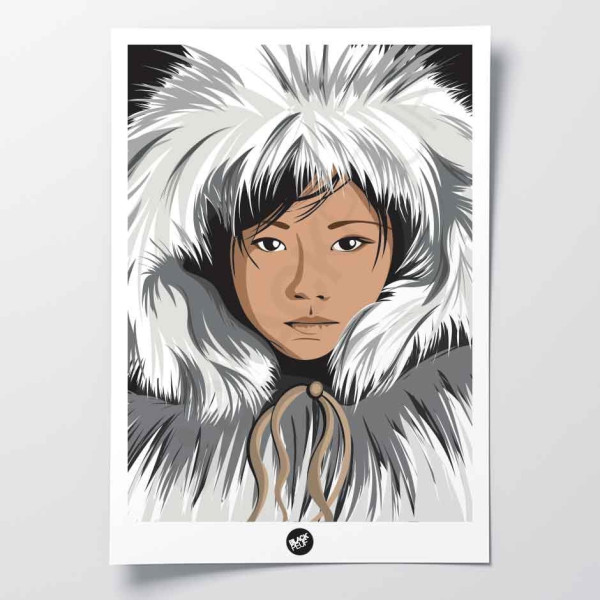 Poster da parete decorativo raffigurante una ragazza inuit eschimese, in bianco e grigio artico.