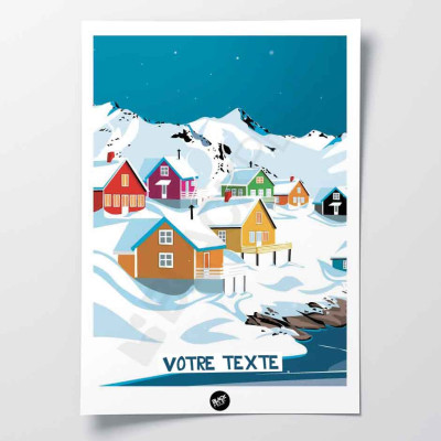 Affiche murale sweet home village artic enneigé bleu pour la décoration. Affiche murale sweet home village artic enneigé bleu pour la décoration.