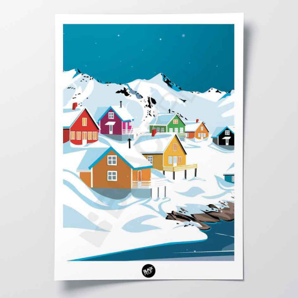 Affiche murale sweet home village artic enneigé bleu pour la décoration.