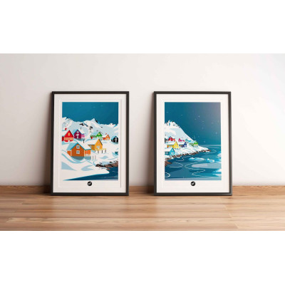 Sweet home village artic snowy blue wall poster for decoration. Sweet home village artic snowy blue wall poster for decoration.