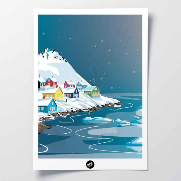Poster da parete decorativo raffigurante il villaggio di casa dolce casa, con motivo artico e blu innevato.
