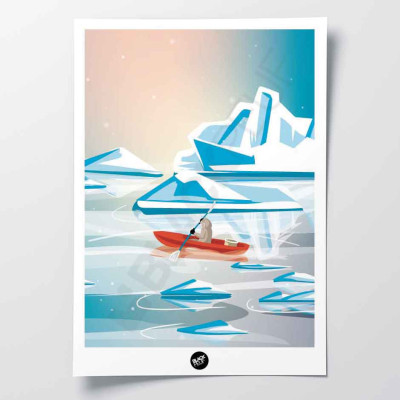 Affiche murale kayak artic sur l'eau bleu autour de la glace pour la décoration. Affiche murale kayak artic sur l'eau bleu autour de la glace pour la décoration.