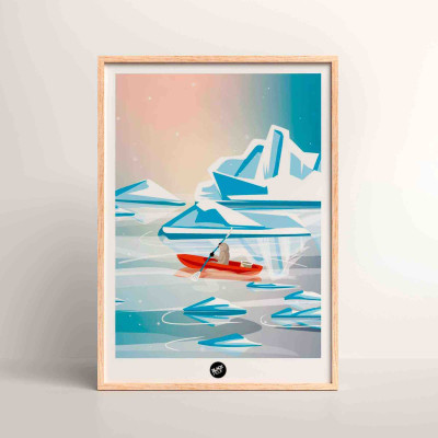 Affiche murale kayak artic sur l'eau bleu autour de la glace pour la décoration. Affiche murale kayak artic sur l'eau bleu autour de la glace pour la décoration.