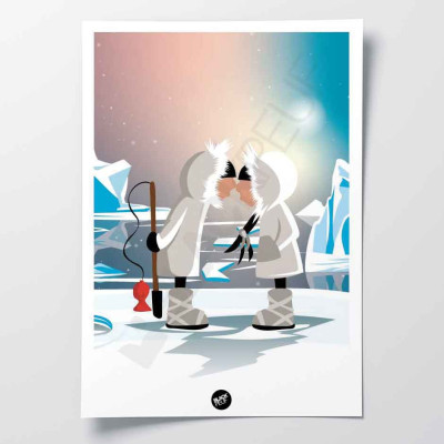 Affiche murale bisou esquimau dans le froid artic sur la glace bleu et blanche pour la décoration.