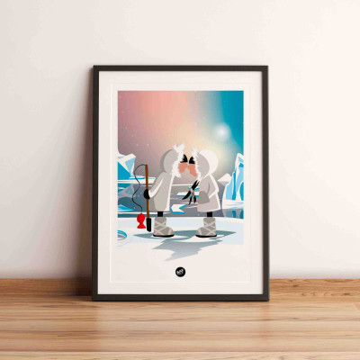 Affiche murale bisou esquimau dans le froid artic sur la glace bleu et blanche pour la décoration.