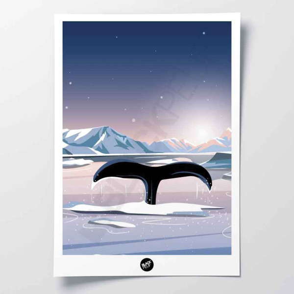 Willy è un poster murale gratuito, l'animale blu nel paesaggio viola dell'Oceano Artico come elemento decorativo.