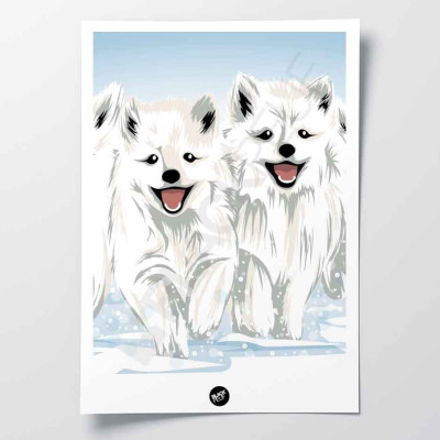 Wall poster of little wolves running in the white and blue arctic snow for decoration Wall poster of little wolves running in the white and blue arctic snow for decoration
