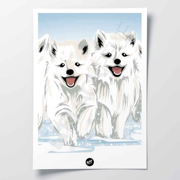 Affiche murale les petits loups qui courent dans la neige blanche et bleue arctic pour la décoration