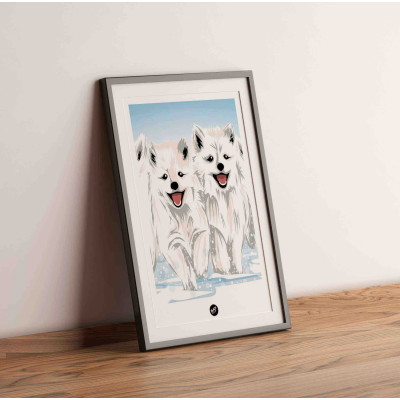 Affiche murale les petits loups qui courent dans la neige blanche et bleue arctic pour la décoration Affiche murale les petits loups qui courent dans la neige blanche et bleue arctic pour la décoration