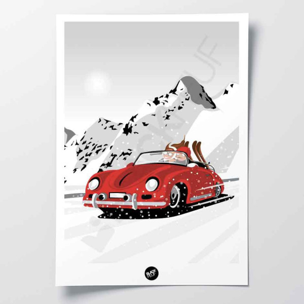 Poster murale decorativo raffigurante un giro in due in un'auto rossa sulla neve bianca