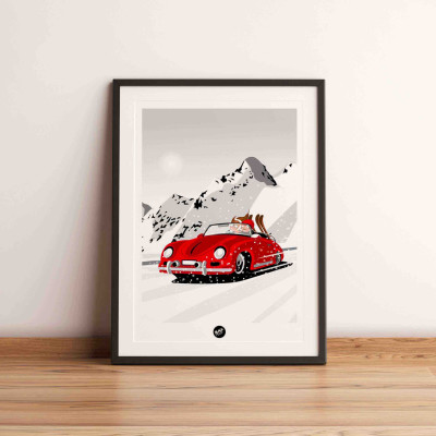 Poster murale decorativo raffigurante un giro in due in un'auto rossa sulla neve bianca Poster murale decorativo raffigurante un giro in due in un'auto rossa sulla neve bianca