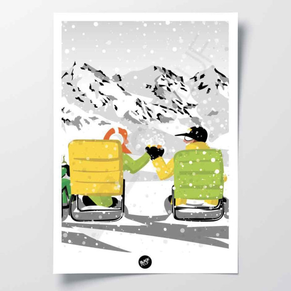 Black and white après-ski wall hanging with yellow and green deckchairs for decoration