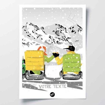 Affiche murale après-ski noir et blanc avec transats jaune et vert pour décoration Affiche murale après-ski noir et blanc avec transats jaune et vert pour décoration
