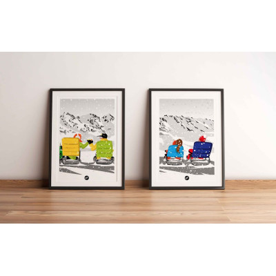 Black and white après-ski wall hanging with yellow and green deckchairs for decoration Black and white après-ski wall hanging with yellow and green deckchairs for decoration
