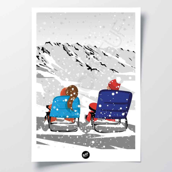 Black and white après-ski wall hanging with blue and purple deckchairs for decoration