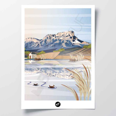 Wall poster of Savoie between vineyards, lake and Mont Granier, in light colours for decoration Wall poster of Savoie between vineyards, lake and Mont Granier, in light colours for decoration