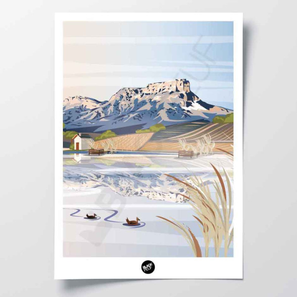 Wall poster of Savoie between vineyards, lake and Mont Granier, in light colours for decoration