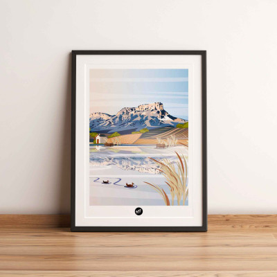 Wall poster of Savoie between vineyards, lake and Mont Granier, in light colours for decoration Wall poster of Savoie between vineyards, lake and Mont Granier, in light colours for decoration